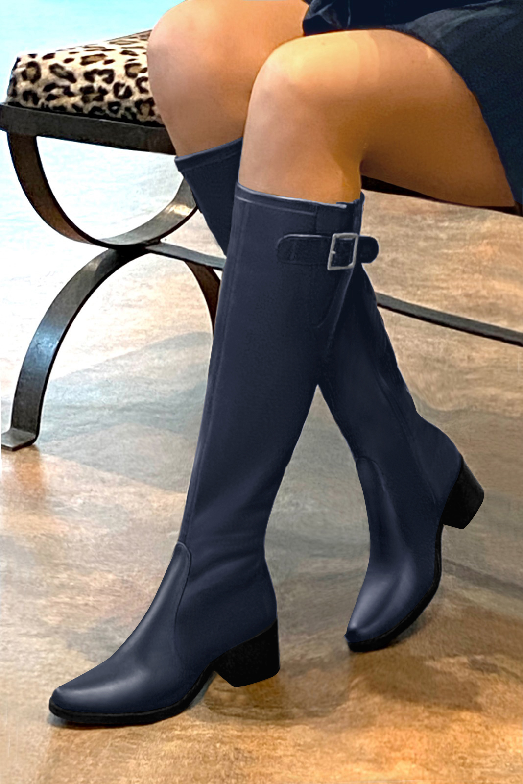 Navy blue women's knee-high boots with buckles. Round toe. Low leather soles. Made to measure. Worn view - Florence KOOIJMAN